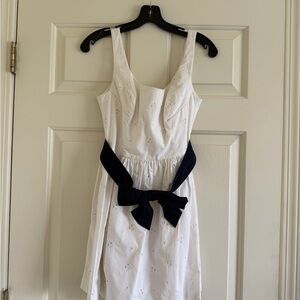 Abercrombie & Fitch White Eyelet Midi Dress with Navy Belt